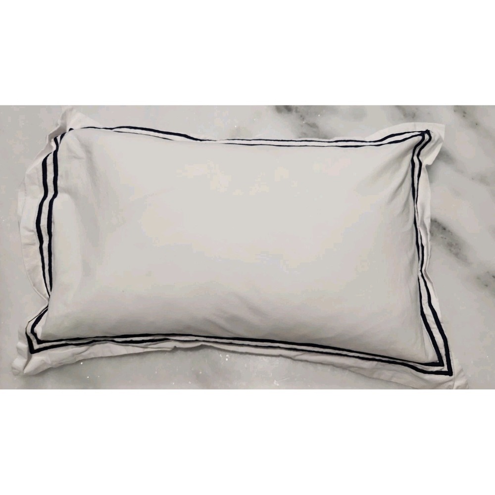RESTORATION HARDWARE RH 22x15in White Navy Italian Hotel Satin Stitch Boudoir